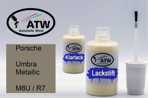 Porsche, Umbra Metallic, M8U / R7: 20ml Lackstift + 20ml Klarlack - Set, von ATW Autoteile West.